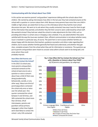 Section I: Families’ Experiences Communicating with the Schools

Communicating with the School about Your Child
In this section we examine parents’ and guardians’ experiences talking with the schools about their
children. We started by asking interviewees how often in the last year they had contacted anyone at the
school with a question or concern about their child. Because many parents have more than one child in
middle or high school, we asked them to focus on the child about whom they had the most school
discussions last year. We went on to ask whom they usually contacted, how easy it was for them to get
all the information they wanted, and whether they felt their concerns were understood by school staff.
We wanted to know if they had ever asked the school to make adjustments for their child, such as
providing extra help in a certain area or changing a class schedule. If so, we asked whether they were
satisfied with the way the issue was resolved. Clear, efficient communication is not about whether every
issue is resolved in a particular way, of course. The point here is not to assess whether families are
always happy with the decisions that teachers, guidance counselors and others make regarding their
children, but to assess whether families generally feel heard and understood, and whether they get
clear, complete answers from the school when they ask for information or assistance. The questions we
put to parents and guardians were meant to uncover areas where schools seem to be doing well, and
areas where they could
probably improve.
How Often Did Parents and
Guardians Contact the School?
In the 2012-13 school year,
most parents and guardians
contacted someone at the
school at least once to ask a
question or voice a concern
about how a child of theirs was
doing (academically,
behaviorally, socially, or any
other way). About one-third of
parents/guardians contacted
the school only once or twice
over the whole year. One
quarter contacted the school
between 4 and 10 times, and
34% contacted the school more
than 10 times. Of all
interviewees, parents and
guardians whose primary
language is other than English
were least likely to contact the
school—only 13% contacted

Fig. 4. How Often Did You Contact the School Last Year
with a Question or Concern about Your Child?
(of 59 parents and guardians, by subgroup)
100%
90%
80%
70%
60%
50%
40%
30%
20%
10%
0%
Primary Language Other Free/Reduced Lunchthan English
Eligible

Winooski Family-School Communication Study

Other

More than 10 Times
Between 4-10 Times
A Couple of Times Over the Entire Year
Never Contacted the School

6

 