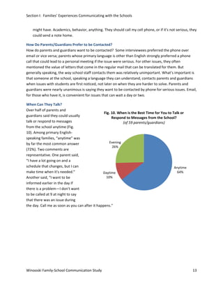 Section I: Families’ Experiences Communicating with the Schools
might have. Academics, behavior, anything. They should call my cell phone, or if it's not serious, they
could send a note home.
How Do Parents/Guardians Prefer to be Contacted?
How do parents and guardians want to be contacted? Some interviewees preferred the phone over
email or vice versa; parents whose primary language is other than English strongly preferred a phone
call that could lead to a personal meeting if the issue were serious. For other issues, they often
mentioned the value of letters that come in the regular mail that can be translated for them. But
generally speaking, the way school staff contacts them was relatively unimportant. What’s important is
that someone at the school, speaking a language they can understand, contacts parents and guardians
when issues with students are first noticed, not later on when they are harder to solve. Parents and
guardians were nearly unanimous is saying they want to be contacted by phone for serious issues. Email,
for those who have it, is convenient for issues that can wait a day or two.
When Can They Talk?
Over half of parents and
Fig. 10. When is the Best Time for You to Talk or
guardians said they could usually
Respond to Messages from the School?
talk or respond to messages
(of 59 parents/guardians)
from the school anytime (Fig.
10). Among primary Englishspeaking families, “anytime” was
Evening
by far the most common answer
26%
(72%). Two comments are
representative. One parent said,
“I have a lot going on and a
schedule that changes, but I can
Anytime
make time when it's needed.”
64%
Daytime
10%
Another said, “I want to be
informed earlier in the day if
there is a problem—I don't want
to be called at 9 at night to say
that there was an issue during
the day. Call me as soon as you can after it happens.”

Winooski Family-School Communication Study

13

 