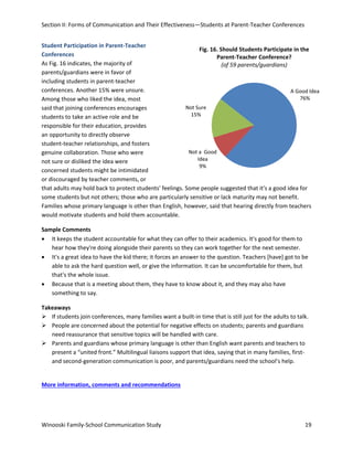 Section II: Forms of Communication and Their Effectiveness—Students at Parent-Teacher Conferences
Student Participation in Parent-Teacher
Fig. 16. Should Students Participate in the
Conferences
Parent-Teacher Conference?
As Fig. 16 indicates, the majority of
(of 59 parents/guardians)
parents/guardians were in favor of
including students in parent-teacher
conferences. Another 15% were unsure.
A Good Idea
76%
Among those who liked the idea, most
Not Sure
said that joining conferences encourages
15%
students to take an active role and be
responsible for their education, provides
an opportunity to directly observe
student-teacher relationships, and fosters
Not a Good
genuine collaboration. Those who were
Idea
not sure or disliked the idea were
9%
concerned students might be intimidated
or discouraged by teacher comments, or
that adults may hold back to protect students' feelings. Some people suggested that it's a good idea for
some students but not others; those who are particularly sensitive or lack maturity may not benefit.
Families whose primary language is other than English, however, said that hearing directly from teachers
would motivate students and hold them accountable.
Sample Comments
• It keeps the student accountable for what they can offer to their academics. It's good for them to
hear how they're doing alongside their parents so they can work together for the next semester.
• It's a great idea to have the kid there; it forces an answer to the question. Teachers [have] got to be
able to ask the hard question well, or give the information. It can be uncomfortable for them, but
that's the whole issue.
• Because that is a meeting about them, they have to know about it, and they may also have
something to say.
Takeaways
 If students join conferences, many families want a built-in time that is still just for the adults to talk.
 People are concerned about the potential for negative effects on students; parents and guardians
need reassurance that sensitive topics will be handled with care.
 Parents and guardians whose primary language is other than English want parents and teachers to
present a “united front.” Multilingual liaisons support that idea, saying that in many families, firstand second-generation communication is poor, and parents/guardians need the school’s help.
More information, comments and recommendations

Winooski Family-School Communication Study

19

 