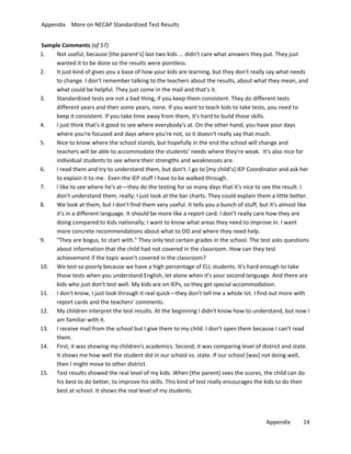 Appendix More on NECAP Standardized Test Results
Sample Comments (of 57)
1.
Not useful, because [the parent’s] last two kids ... didn't care what answers they put. They just
wanted it to be done so the results were pointless.
2.
It just kind of gives you a base of how your kids are learning, but they don't really say what needs
to change. I don't remember talking to the teachers about the results, about what they mean, and
what could be helpful. They just come in the mail and that's it.
3.
Standardized tests are not a bad thing, if you keep them consistent. They do different tests
different years and then some years, none. If you want to teach kids to take tests, you need to
keep it consistent. If you take time away from them, it's hard to build those skills.
4.
I just think that's it good to see where everybody's at. On the other hand, you have your days
where you're focused and days where you're not, so it doesn't really say that much.
5.
Nice to know where the school stands, but hopefully in the end the school will change and
teachers will be able to accommodate the students’ needs where they're weak. It's also nice for
individual students to see where their strengths and weaknesses are.
6.
I read them and try to understand them, but don't. I go to [my child’s] IEP Coordinator and ask her
to explain it to me. Even the IEP stuff I have to be walked through.
7.
I like to see where he's at—they do the testing for so many days that it's nice to see the result. I
don't understand them, really; I just look at the bar charts. They could explain them a little better.
8.
We look at them, but I don't find them very useful. It tells you a bunch of stuff, but it's almost like
it's in a different language. It should be more like a report card. I don't really care how they are
doing compared to kids nationally; I want to know what areas they need to improve in. I want
more concrete recommendations about what to DO and where they need help.
9.
"They are bogus, to start with." They only test certain grades in the school. The test asks questions
about information that the child had not covered in the classroom. How can they test
achievement if the topic wasn't covered in the classroom?
10. We test so poorly because we have a high percentage of ELL students. It's hard enough to take
those tests when you understand English, let alone when it's your second language. And there are
kids who just don't test well. My kids are on IEPs, so they get special accommodation.
11. I don't know, I just look through it real quick—they don't tell me a whole lot. I find out more with
report cards and the teachers' comments.
12. My children interpret the test results. At the beginning I didn't know how to understand, but now I
am familiar with it.
13. I receive mail from the school but I give them to my child. I don't open them because I can't read
them.
14. First, it was showing my children's academics. Second, it was comparing level of district and state.
It shows me how well the student did in our school vs. state. If our school [was] not doing well,
then I might move to other district.
15. Test results showed the real level of my kids. When [the parent] sees the scores, the child can do
his best to do better, to improve his skills. This kind of test really encourages the kids to do their
best at school. It shows the real level of my students.

Appendix

14

 