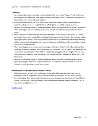 Appendix More on NECAP Standardized Test Results
Takeaways
 Parents/guardians want more help understanding NECAP test results. They don't fully understand
what the tests are measuring, how they connect to the school curricula, or what the implications of
low or high scores are to individual students.
 Parents/guardians would like more information about how various student populations are
accommodated, as well as how performance affects policy and school funding decisions.
 Without a multilingual liaison to deliver and explain results, most people whose primary language is
other than English will not see them, or will have virtually no understanding of what the scores
mean.
 Many interviewees expressed concerns about the impact of low scores on the school as a whole,
particularly if they are a result of the test being biased against certain learners (for example, English
language learners or those on IEPs). Parents/guardians would benefit from a better understanding
of how various student populations are accommodated, as well as how performance affects policy
and school funding decisions.
 Many parents/guardians whose primary language is other than English, both in Burlington and in
Winooski, expressed the belief that standardized test results are “official” results that give them the
unvarnished facts about how their children are actually doing, particularly in English. True or not,
this supports the idea that these families are not entirely confident they get the whole story from
the schools.
 Without a multilingual liaison to deliver and explain results, most parents and guardians whose
primary language is other than English will continue to miss these entirely in the mail or have
virtually no understanding of what scores mean.
Other Recommendations from Parents and Guardians
 Finding some way to make test results count for something (for example, class placement or
exemption from an assignment) would help ensure that students take the test more seriously.
 Parents and guardians would prefer to have some concrete suggestions accompany their children's
scores. This could be a personal note for each student or simply more general advice that says, “If
your child scored between ...”
Back to report

Appendix

15

 