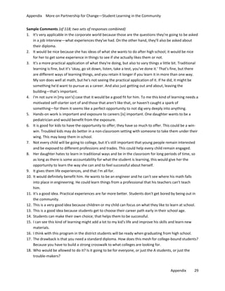 Appendix More on Partnership for Change—Student Learning in the Community
Sample Comments (of 118; two sets of responses combined)
1. It's very applicable in the corporate world because those are the questions they're going to be asked
in a job interview—what experiences they've had. On the other hand, they'll also be asked about
their diploma.
2. It would be nice because she has ideas of what she wants to do after high school; it would be nice
for her to get some experience in things to see if she actually likes them or not.
3. It's a more practical application of what they're doing, but also to vary things a little bit. Traditional
learning is fine, but it's 'okay, go sit down, listen, take a test, you've done it.' That's fine, but there
are different ways of learning things, and you retain it longer if you learn it in more than one way.
My son does well at math, but he's not seeing the practical application of it. If he did, it might be
something he'd want to pursue as a career. And also just getting out and about, leaving the
building—that's important.
4. I'm not sure in [my son's] case that it would be a good fit for him. To me this kind of learning needs a
motivated self-starter sort of and those that aren't like that, or haven't caught a spark of
something—for them it seems like a perfect opportunity to not dig very deeply into anything.
5. Hands-on work is important and exposure to careers [is] important. One daughter wants to be a
pediatrician and would benefit from the exposure.
6. It is good for kids to have the opportunity to offer; they have so much to offer. This could be a winwin. Troubled kids may do better in a non-classroom setting with someone to take them under their
wing. This may keep them in school.
7. Not every child will be going to college, but it's still important that young people remain interested
and be exposed to different professions and trades. This could help every child remain engaged.
8. Her daughter hates to learn in traditional ways and be in the classroom for long periods of time, so
as long as there is some accountability for what the student is learning, this would give her the
opportunity to learn the way she can and to feel successful about herself.
9. It gives them life experiences, and that I'm all for.
10. It would definitely benefit him. He wants to be an engineer and he can't see where his math falls
into place in engineering. He could learn things from a professional that his teachers can't teach
him.
11. It's a good idea. Practical experiences are far more better. Students don't get bored by being out in
the community.
12. This is a very good idea because children or my child can focus on what they like to learn at school.
13. This is a good idea because students get to choose their career path early in their school age.
14. Students can make their own choice; that helps them to be successful.
15. I can see this kind of learning might add a lot to my kid's life and improve his skills and learn new
materials.
16. I think with this program in the district students will be ready when graduating from high school.
17. The drawback is that you need a standard diploma. How does this mesh for college-bound students?
Because you have to build a strong crosswalk to what colleges are looking for.
18. Who would be allowed to do it? Is it going to be for everyone, or just the A students, or just the
trouble-makers?
Appendix

29

 