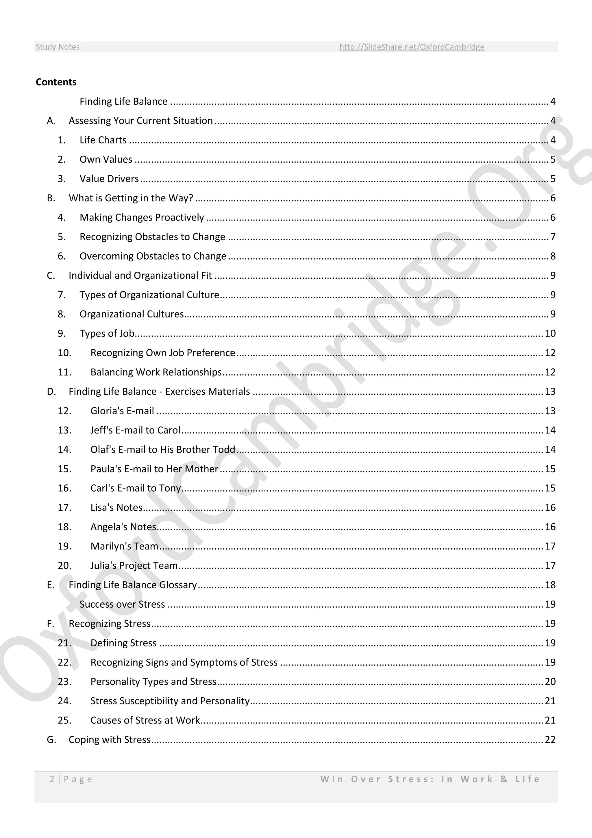 Study Notes http://SlideShare.net/OxfordCambridge
2 | P a g e W i n O v e r S t r e s s : i n W o r k & L i f e
Contents
Finding Life Balance ..........................................................................................................................................4
A. Assessing Your Current Situation..........................................................................................................................4
1. Life Charts .........................................................................................................................................................4
2. Own Values .......................................................................................................................................................5
3. Value Drivers.....................................................................................................................................................5
B. What is Getting in the Way?.................................................................................................................................6
4. Making Changes Proactively .............................................................................................................................6
5. Recognizing Obstacles to Change .....................................................................................................................7
6. Overcoming Obstacles to Change.....................................................................................................................8
C. Individual and Organizational Fit ..........................................................................................................................9
7. Types of Organizational Culture........................................................................................................................9
8. Organizational Cultures.....................................................................................................................................9
9. Types of Job.....................................................................................................................................................10
10. Recognizing Own Job Preference................................................................................................................12
11. Balancing Work Relationships.....................................................................................................................12
D. Finding Life Balance - Exercises Materials ..........................................................................................................13
12. Gloria's E-mail .............................................................................................................................................13
13. Jeff's E-mail to Carol....................................................................................................................................14
14. Olaf's E-mail to His Brother Todd................................................................................................................14
15. Paula's E-mail to Her Mother......................................................................................................................15
16. Carl's E-mail to Tony....................................................................................................................................15
17. Lisa's Notes..................................................................................................................................................16
18. Angela's Notes.............................................................................................................................................16
19. Marilyn's Team............................................................................................................................................17
20. Julia's Project Team.....................................................................................................................................17
E. Finding Life Balance Glossary..............................................................................................................................18
Success over Stress .........................................................................................................................................19
F. Recognizing Stress...............................................................................................................................................19
21. Defining Stress ............................................................................................................................................19
22. Recognizing Signs and Symptoms of Stress ................................................................................................19
23. Personality Types and Stress.......................................................................................................................20
24. Stress Susceptibility and Personality...........................................................................................................21
25. Causes of Stress at Work.............................................................................................................................21
G. Coping with Stress...............................................................................................................................................22
 