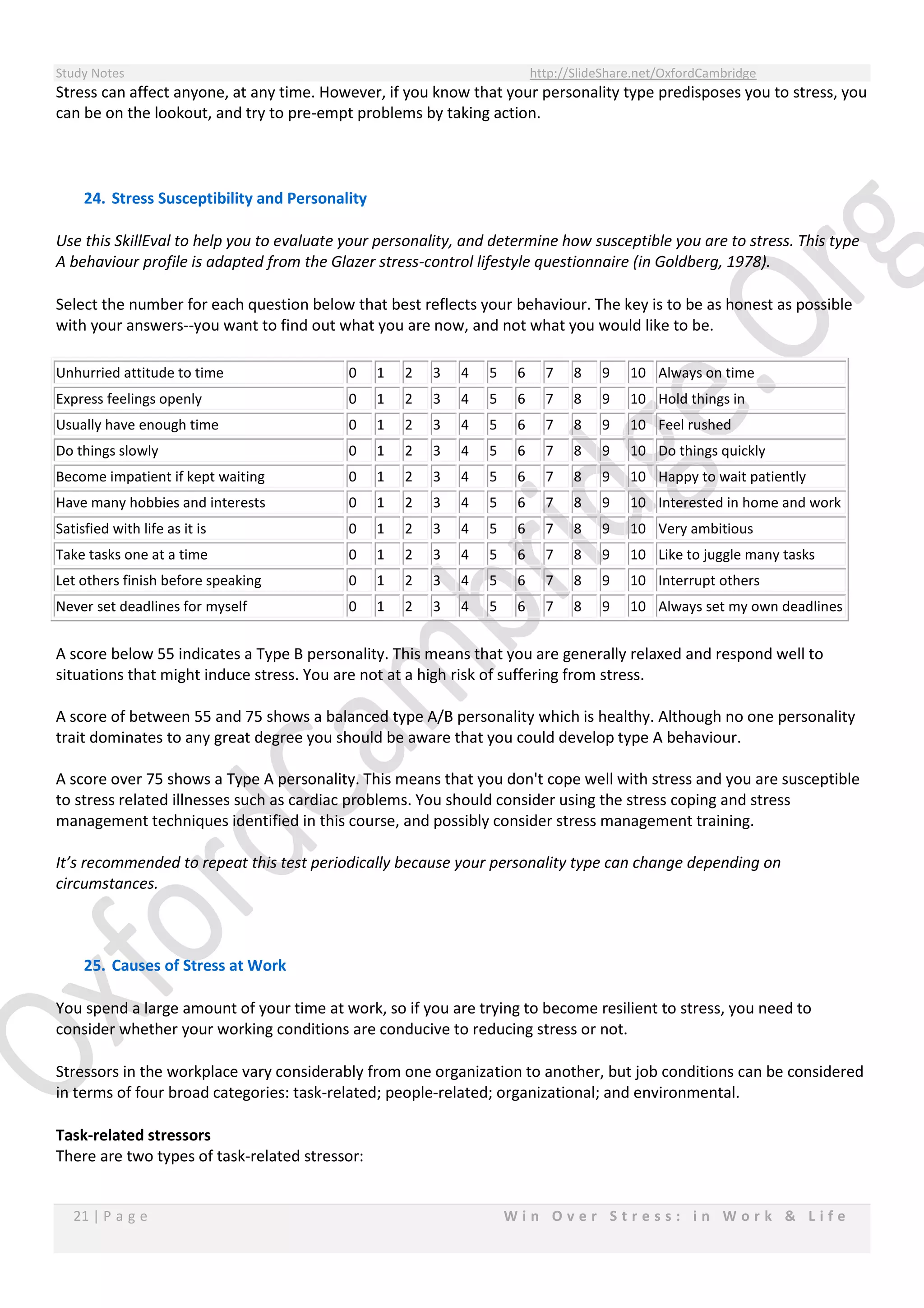 Study Notes http://SlideShare.net/OxfordCambridge
21 | P a g e W i n O v e r S t r e s s : i n W o r k & L i f e
Stress can affect anyone, at any time. However, if you know that your personality type predisposes you to stress, you
can be on the lookout, and try to pre-empt problems by taking action.
24. Stress Susceptibility and Personality
Use this SkillEval to help you to evaluate your personality, and determine how susceptible you are to stress. This type
A behaviour profile is adapted from the Glazer stress-control lifestyle questionnaire (in Goldberg, 1978).
Select the number for each question below that best reflects your behaviour. The key is to be as honest as possible
with your answers--you want to find out what you are now, and not what you would like to be.
Unhurried attitude to time 0 1 2 3 4 5 6 7 8 9 10 Always on time
Express feelings openly 0 1 2 3 4 5 6 7 8 9 10 Hold things in
Usually have enough time 0 1 2 3 4 5 6 7 8 9 10 Feel rushed
Do things slowly 0 1 2 3 4 5 6 7 8 9 10 Do things quickly
Become impatient if kept waiting 0 1 2 3 4 5 6 7 8 9 10 Happy to wait patiently
Have many hobbies and interests 0 1 2 3 4 5 6 7 8 9 10 Interested in home and work
Satisfied with life as it is 0 1 2 3 4 5 6 7 8 9 10 Very ambitious
Take tasks one at a time 0 1 2 3 4 5 6 7 8 9 10 Like to juggle many tasks
Let others finish before speaking 0 1 2 3 4 5 6 7 8 9 10 Interrupt others
Never set deadlines for myself 0 1 2 3 4 5 6 7 8 9 10 Always set my own deadlines
A score below 55 indicates a Type B personality. This means that you are generally relaxed and respond well to
situations that might induce stress. You are not at a high risk of suffering from stress.
A score of between 55 and 75 shows a balanced type A/B personality which is healthy. Although no one personality
trait dominates to any great degree you should be aware that you could develop type A behaviour.
A score over 75 shows a Type A personality. This means that you don't cope well with stress and you are susceptible
to stress related illnesses such as cardiac problems. You should consider using the stress coping and stress
management techniques identified in this course, and possibly consider stress management training.
It’s recommended to repeat this test periodically because your personality type can change depending on
circumstances.
25. Causes of Stress at Work
You spend a large amount of your time at work, so if you are trying to become resilient to stress, you need to
consider whether your working conditions are conducive to reducing stress or not.
Stressors in the workplace vary considerably from one organization to another, but job conditions can be considered
in terms of four broad categories: task-related; people-related; organizational; and environmental.
Task-related stressors
There are two types of task-related stressor:
 