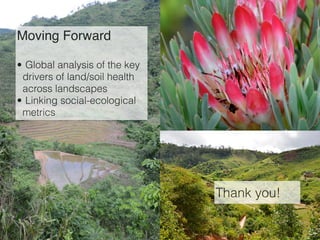 Thank you!
Moving Forward
• Global analysis of the key
drivers of land/soil health
across landscapes
• Linking social-ecological
metrics
 