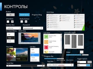 КОНТРОЛЫ
Button                                             Grid View
                               Progress Ring

Checkbox      Radio Button


Combo Box        Password


Context Menu Web View
                                               List View                   Semantic Zoom




Flip View                    List Box


                                                                              Slider

                                                Progress Bar
                                                                                             Toggle Switch
                                                               Spell Checking Clear Button
                                                    Text Box
Scroll Bar
 