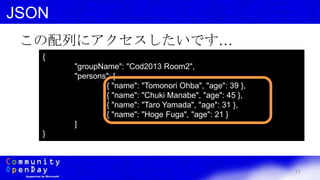 17
JSON
この配列にアクセスしたいです…
{
"groupName": "Cod2013 Room2",
"persons": [
{ "name": "Tomonori Ohba", "age": 39 },
{ "name": "Chuki Manabe", "age": 45 },
{ "name": "Taro Yamada", "age": 31 },
{ "name": "Hoge Fuga", "age": 21 }
]
}
 