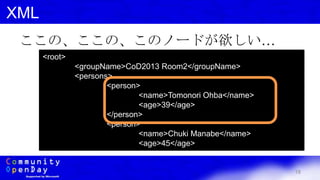 18
XML
ここの、ここの、このノードが欲しい…
<root>
<groupName>CoD2013 Room2</groupName>
<persons>
<person>
<name>Tomonori Ohba</name>
<age>39</age>
</person>
<person>
<name>Chuki Manabe</name>
<age>45</age>
 
