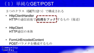 23
（１）単純なGET/POST
３つのクラス（GETは2つ）で構成される
• HttpClientHandler
HTTPの通信前後で 処理をフック するもの（後述）
• HttpClient
HTTP通信の本体
• FormUrlEncodedContent
POSTパラメタを構成するもの
 