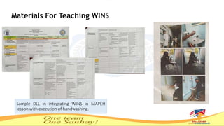Materials For Teaching WINS
Sample DLL in integrating WINS in MAPEH
lesson with execution of handwashing.
 