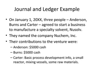 Journal and Ledger Example
• On January 1, 20XX, three people – Anderson,
  Burns and Carter – agreed to start a business
  to manufacture a specialty solvent, Nusolv.
• They named the company Nuchem, Inc.
• Their contributions to the venture were:
  – Anderson: $5000 cash
  – Burns: $5000 cash
  – Carter: Basic process development info, a small
    reactor, mixing vessels, some raw materials.
 