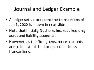 Journal and Ledger Example
• A ledger set up to record the transactions of
  Jan 1, 20XX is shown in next slide.
• Note that initially Nuchem, Inc. required only
  asset and liability accounts.
• However, as the firm grows, more accounts
  are to be established to record business
  transactions.
 