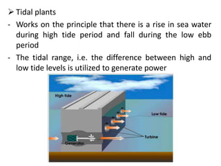  Tidal plants
- Works on the principle that there is a rise in sea water
during high tide period and fall during the low ebb
period
- The tidal range, i.e. the difference between high and
low tide levels is utilized to generate power
 