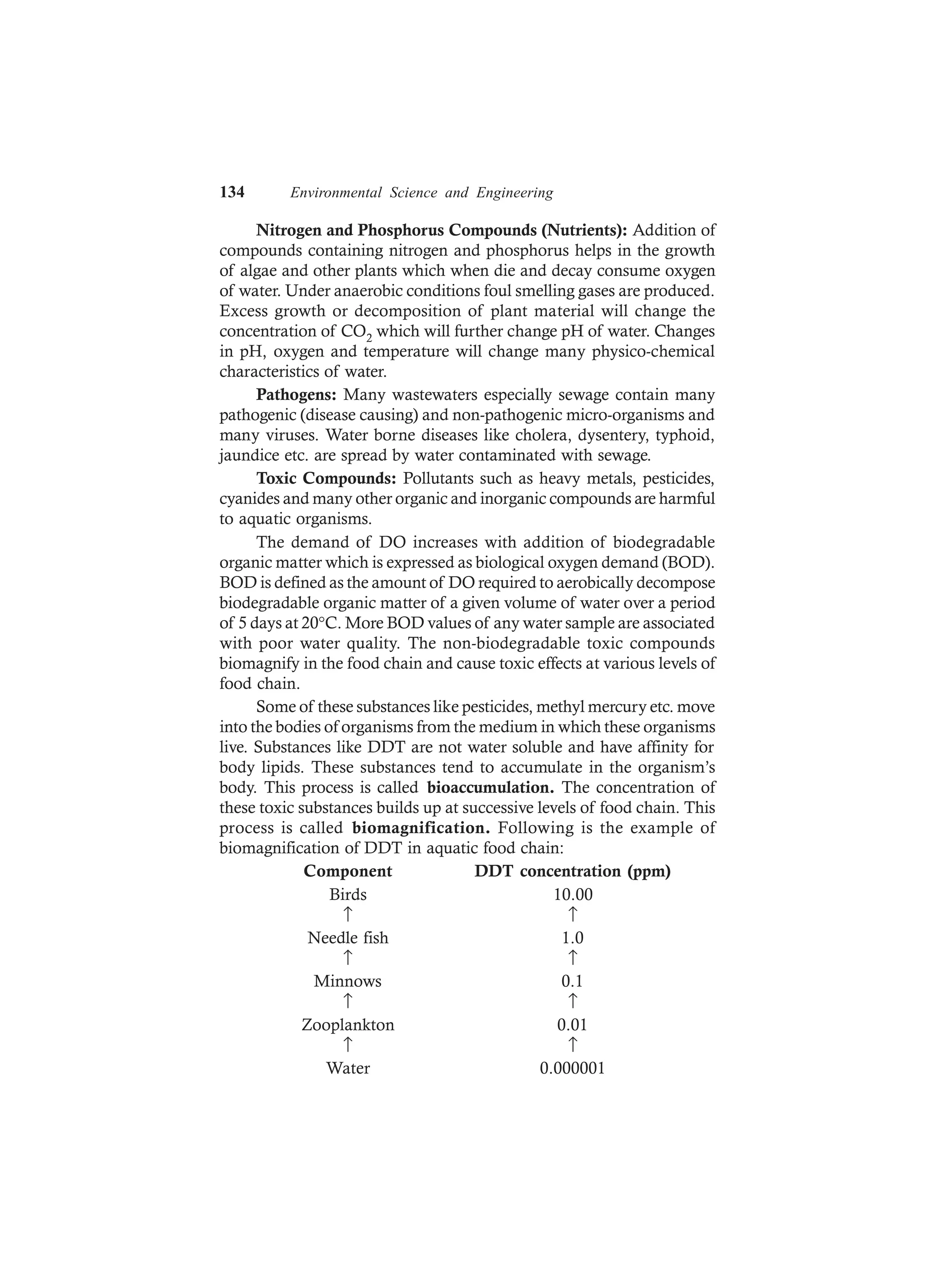 134 Environmental Science and Engineering
Nitrogen and Phosphorus Compounds (Nutrients): Addition of
compounds containing nitrogen and phosphorus helps in the growth
of algae and other plants which when die and decay consume oxygen
of water. Under anaerobic conditions foul smelling gases are produced.
Excess growth or decomposition of plant material will change the
concentration of CO2 which will further change pH of water. Changes
in pH, oxygen and temperature will change many physico-chemical
characteristics of water.
Pathogens: Many wastewaters especially sewage contain many
pathogenic (disease causing) and non-pathogenic micro-organisms and
many viruses. Water borne diseases like cholera, dysentery, typhoid,
jaundice etc. are spread by water contaminated with sewage.
Toxic Compounds: Pollutants such as heavy metals, pesticides,
cyanides and many other organic and inorganic compounds are harmful
to aquatic organisms.
The demand of DO increases with addition of biodegradable
organic matter which is expressed as biological oxygen demand (BOD).
BOD is defined as the amount of DO required to aerobically decompose
biodegradable organic matter of a given volume of water over a period
of 5 days at 20°C. More BOD values of any water sample are associated
with poor water quality. The non-biodegradable toxic compounds
biomagnify in the food chain and cause toxic effects at various levels of
food chain.
Some of these substances like pesticides, methyl mercury etc. move
into the bodies of organisms from the medium in which these organisms
live. Substances like DDT are not water soluble and have affinity for
body lipids. These substances tend to accumulate in the organism’s
body. This process is called bioaccumulation. The concentration of
these toxic substances builds up at successive levels of food chain. This
process is called biomagnification. Following is the example of
biomagnification of DDT in aquatic food chain:
Component DDT concentration (ppm)
Birds 10.00
↑ ↑
Needle fish 1.0
↑ ↑
Minnows 0.1
↑ ↑
Zooplankton 0.01
↑ ↑
Water 0.000001
 