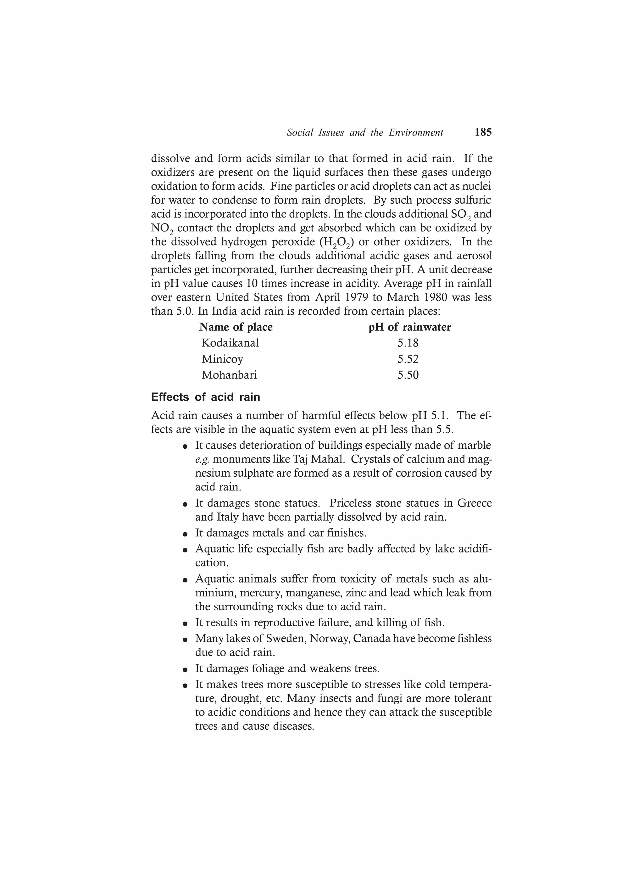 Social Issues and the Environment 185
dissolve and form acids similar to that formed in acid rain. If the
oxidizers are present on the liquid surfaces then these gases undergo
oxidation to form acids. Fine particles or acid droplets can act as nuclei
for water to condense to form rain droplets. By such process sulfuric
acid is incorporated into the droplets. In the clouds additional SO2 and
NO2 contact the droplets and get absorbed which can be oxidized by
the dissolved hydrogen peroxide (H2O2) or other oxidizers. In the
droplets falling from the clouds additional acidic gases and aerosol
particles get incorporated, further decreasing their pH. A unit decrease
in pH value causes 10 times increase in acidity. Average pH in rainfall
over eastern United States from April 1979 to March 1980 was less
than 5.0. In India acid rain is recorded from certain places:
Name of place pH of rainwater
Kodaikanal 5.18
Minicoy 5.52
Mohanbari 5.50
Effects of acid rain
Acid rain causes a number of harmful effects below pH 5.1. The ef-
fects are visible in the aquatic system even at pH less than 5.5.
l It causes deterioration of buildings especially made of marble
e.g. monuments like Taj Mahal. Crystals of calcium and mag-
nesium sulphate are formed as a result of corrosion caused by
acid rain.
l It damages stone statues. Priceless stone statues in Greece
and Italy have been partially dissolved by acid rain.
l It damages metals and car finishes.
l Aquatic life especially fish are badly affected by lake acidifi-
cation.
l Aquatic animals suffer from toxicity of metals such as alu-
minium, mercury, manganese, zinc and lead which leak from
the surrounding rocks due to acid rain.
l It results in reproductive failure, and killing of fish.
l Many lakes of Sweden, Norway, Canada have become fishless
due to acid rain.
l It damages foliage and weakens trees.
l It makes trees more susceptible to stresses like cold tempera-
ture, drought, etc. Many insects and fungi are more tolerant
to acidic conditions and hence they can attack the susceptible
trees and cause diseases.
 