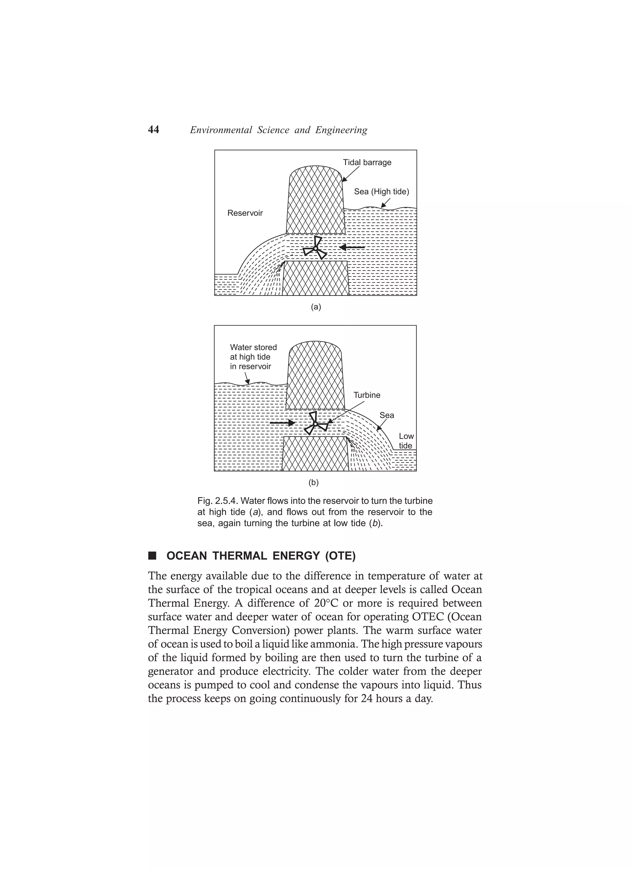 44 Environmental Science and Engineering
Sea (High tide)
Tidal barrage
Reservoir
(a)
Water stored
at high tide
in reservoir
Turbine
Sea
Low
tide
(b)
Fig. 2.5.4. Water flows into the reservoir to turn the turbine
at high tide (a), and flows out from the reservoir to the
sea, again turning the turbine at low tide (b).
n OCEAN THERMAL ENERGY (OTE)
The energy available due to the difference in temperature of water at
the surface of the tropical oceans and at deeper levels is called Ocean
Thermal Energy. A difference of 20°C or more is required between
surface water and deeper water of ocean for operating OTEC (Ocean
Thermal Energy Conversion) power plants. The warm surface water
of ocean is used to boil a liquid like ammonia. The high pressure vapours
of the liquid formed by boiling are then used to turn the turbine of a
generator and produce electricity. The colder water from the deeper
oceans is pumped to cool and condense the vapours into liquid. Thus
the process keeps on going continuously for 24 hours a day.
 