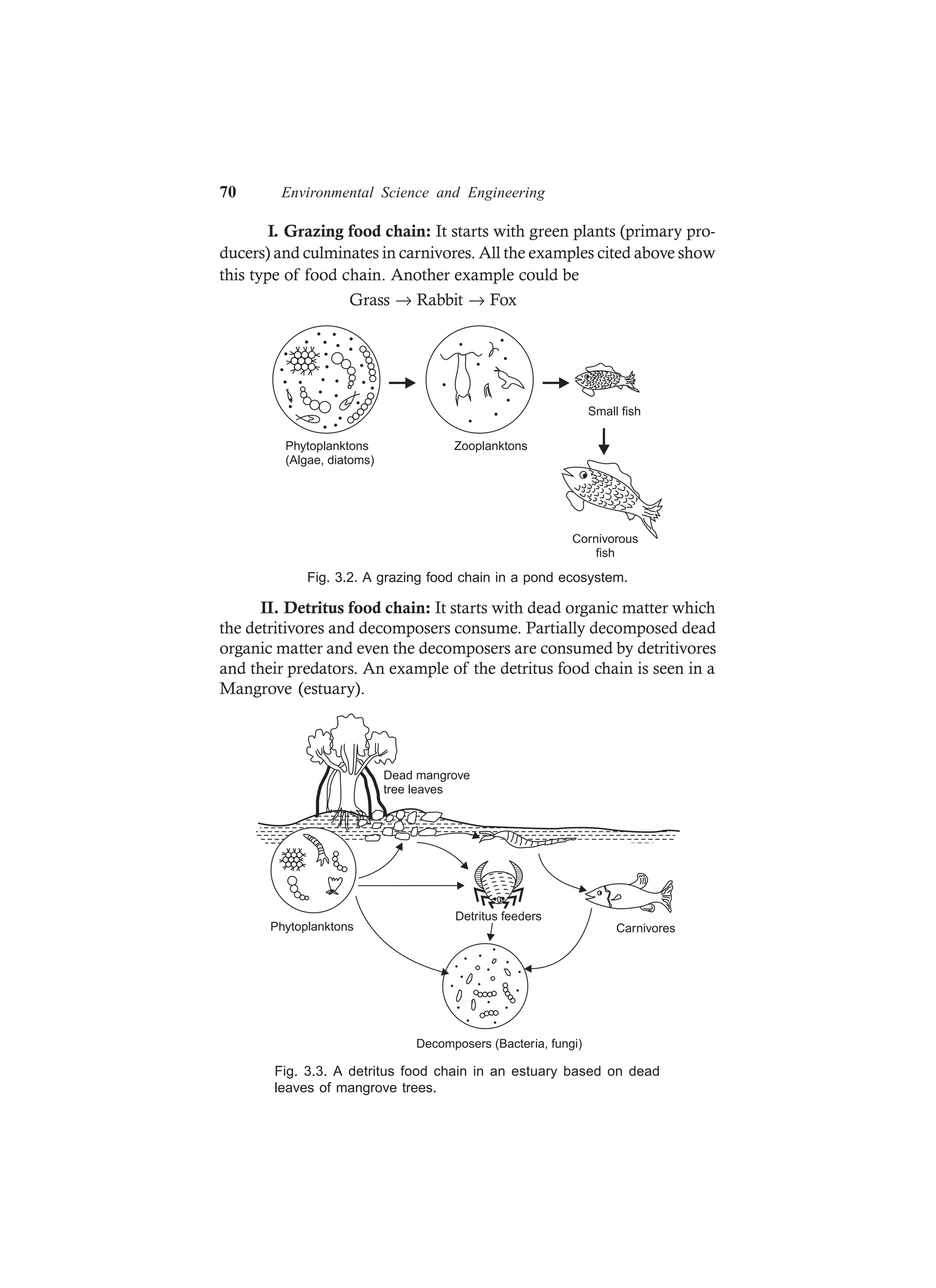 70 Environmental Science and Engineering
I. Grazing food chain: It starts with green plants (primary pro-
ducers) and culminates in carnivores. All the examples cited above show
this type of food chain. Another example could be
Grass → Rabbit → Fox
Zooplanktons
Small fish
Cornivorous
fish
Phytoplanktons
(Algae, diatoms)
Fig. 3.2. A grazing food chain in a pond ecosystem.
II. Detritus food chain: It starts with dead organic matter which
the detritivores and decomposers consume. Partially decomposed dead
organic matter and even the decomposers are consumed by detritivores
and their predators. An example of the detritus food chain is seen in a
Mangrove (estuary).
Detritus feeders
CarnivoresPhytoplanktons
Decomposers (Bacteria, fungi)
Dead mangrove
tree leaves
Fig. 3.3. A detritus food chain in an estuary based on dead
leaves of mangrove trees.
 