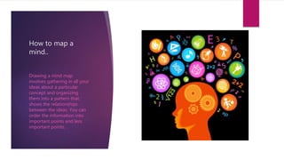How to map a
mind..
Drawing a mind map
involves gathering in all your
ideas about a particular
concept and organizing
them into a pattern that
shows the relationships
between the ideas. You can
order the information into
important points and less
important points.
 