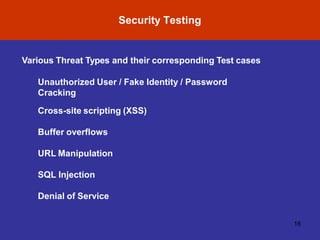 Security Testing
16
Various Threat Types and their corresponding Test cases
Unauthorized User / Fake Identity / Password
Cracking
Cross-site scripting (XSS)
Buffer overflows
URL Manipulation
SQL Injection
Denial of Service
 
