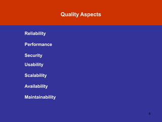 Quality Aspects
6
Reliability
Performance
Security
Usability
Scalability
Availability
Maintainability
 