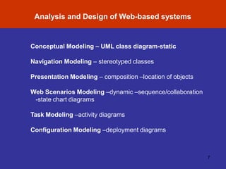 Analysis and Design of Web-based systems
7
Conceptual Modeling – UML class diagram-static
Navigation Modeling – stereotyped classes
Presentation Modeling – composition –location of objects
Web Scenarios Modeling –dynamic –sequence/collaboration
-state chart diagrams
Task Modeling –activity diagrams
Configuration Modeling –deployment diagrams
 