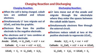 Charging Reaction and Discharging
Charging Reaction:
▪When the cell is being charged, cobalt
ions are oxidized and release
electrons.
▪Simultaneously Li+
ions migrate out of
LiCoO2 and into the graphite.
▪Electrons flow from the positive
electrode to the negative electrode.
▪The electrons and Li+
ions combine at
the negative electrode.
Discharging Reaction:
▪Li+ ions move out of the anode and
migrate through the electrolyte
where they enter the spaces between
the cobalt oxide layers.
▪Simultaneously electrons flow through
the external circuit.
▪Electrons reduce cobalt at ions at the
positive electrode to regenerate LiCoO2.
Anode: LiCoO2 → Li1-nCoO2 + n Li+
+ n e-
Cathode: C6 + n e-
+ n Li+
→ LinC6
LiCoO2 + C6 → Li1-nCoO2 + LinC6
Anode: LinC6 → C6 + n e-
+ n Li+
Cathode: Li1-nCoO2 + n Li+
+ n e-
→ LiCoO2
Li1-nCoO2 + C6Lin → LiCoO2 + C6
 