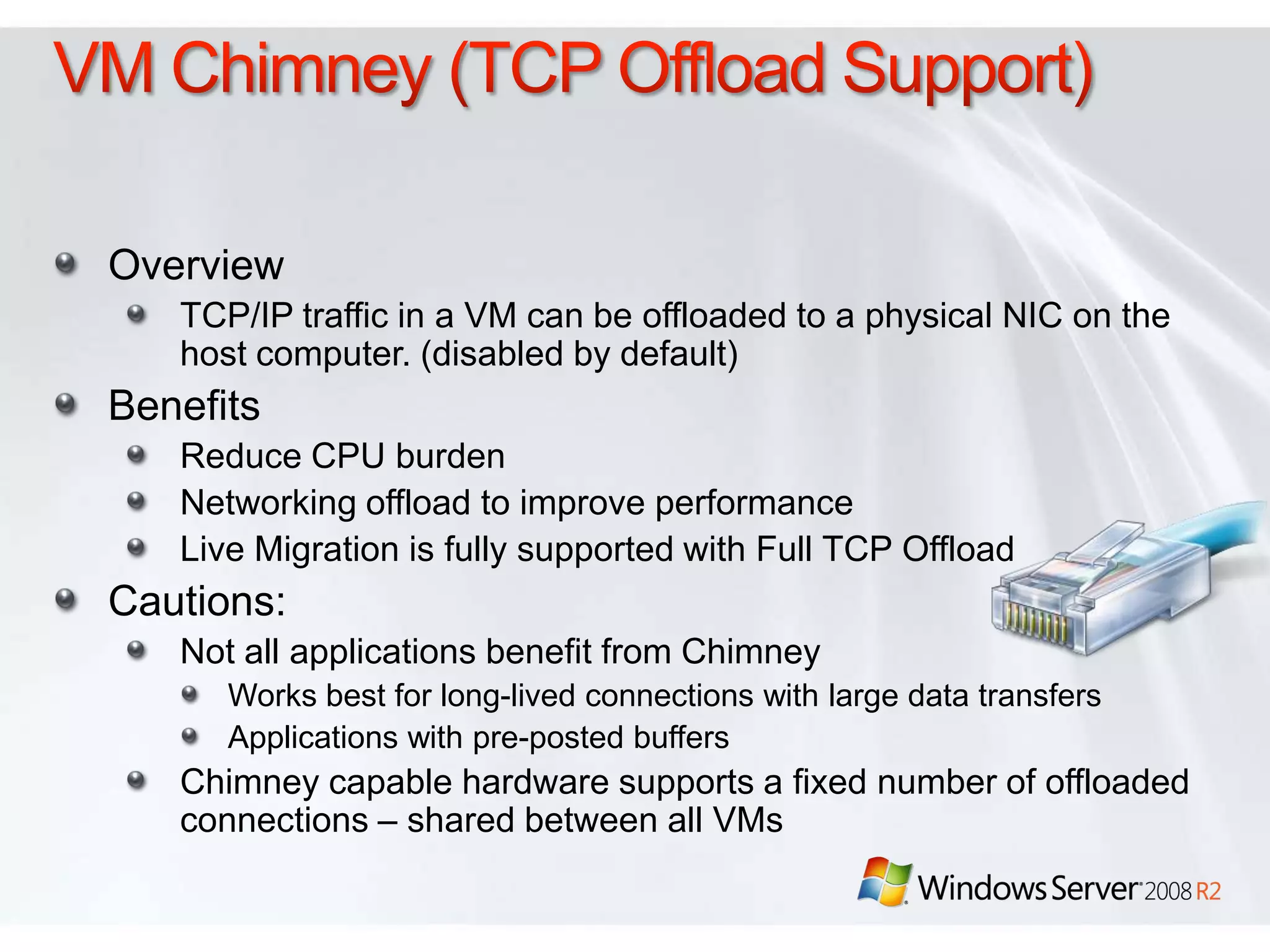 Increasing AvailabilityLive MigrationMigrate virtual machines between hosts with no interruption of serviceBenefits:No dropped network connectionsHigh availability for production workloadsFlexible managementEnables dynamic IT environment