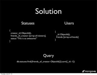 Solution
{
creator_id: ObjectId(),
friends_of_creator: [array-of-viewers],
status:“This is so awesome!”
}
Statuses Users
{
_id: ObjectId(),
friends: [array-o-friends]
}
db.statuses.ﬁnd({friends_of_creator: ObjectId()}).sort({_id: -1})
Query
Thursday, June 27, 13
 
