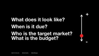 ©2016 Chris Do @theChrisDo #BizOfDesign
What does it look like?
When is it due?
Who is the target market? 
What is the budget?
+
-
 