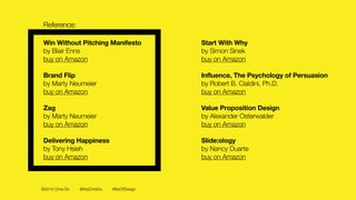 ©2016 Chris Do @theChrisDo #BizOfDesign
Win Without Pitching Manifesto
by Blair Enns 
buy on Amazon
Brand Flip
by Marty Neumeier
buy on Amazon
Zag
by Marty Neumeier
buy on Amazon
Delivering Happiness
by Tony Hsieh
buy on Amazon
Reference:
Start With Why
by Simon Sinek
buy on Amazon
Influence, The Psychology of Persuasion
by Robert B. Cialdini, Ph.D.
buy on Amazon
Value Proposition Design
by Alexander Osterwalder
buy on Amazon
Slide:ology
by Nancy Duarte
buy on Amazon
 