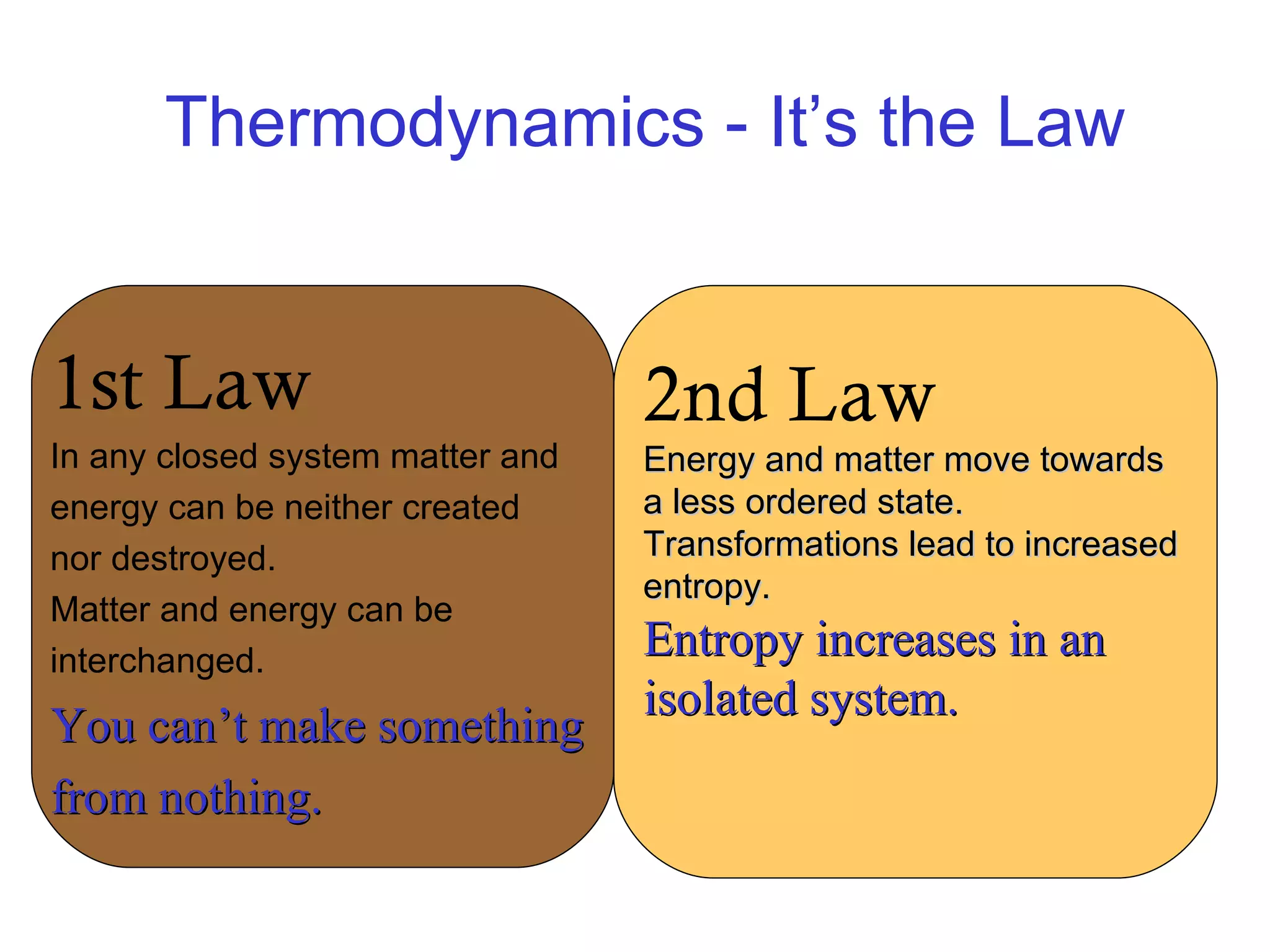 Thermodynamics - It’s the Law 1st Law In any closed system matter and  energy can be neither created  nor destroyed. Matter and energy can be  interchanged. You can’t make something  from nothing. 2nd Law Energy and matter move towards  a less ordered state. Transformations lead to increased  entropy. Entropy increases in an  isolated system. 