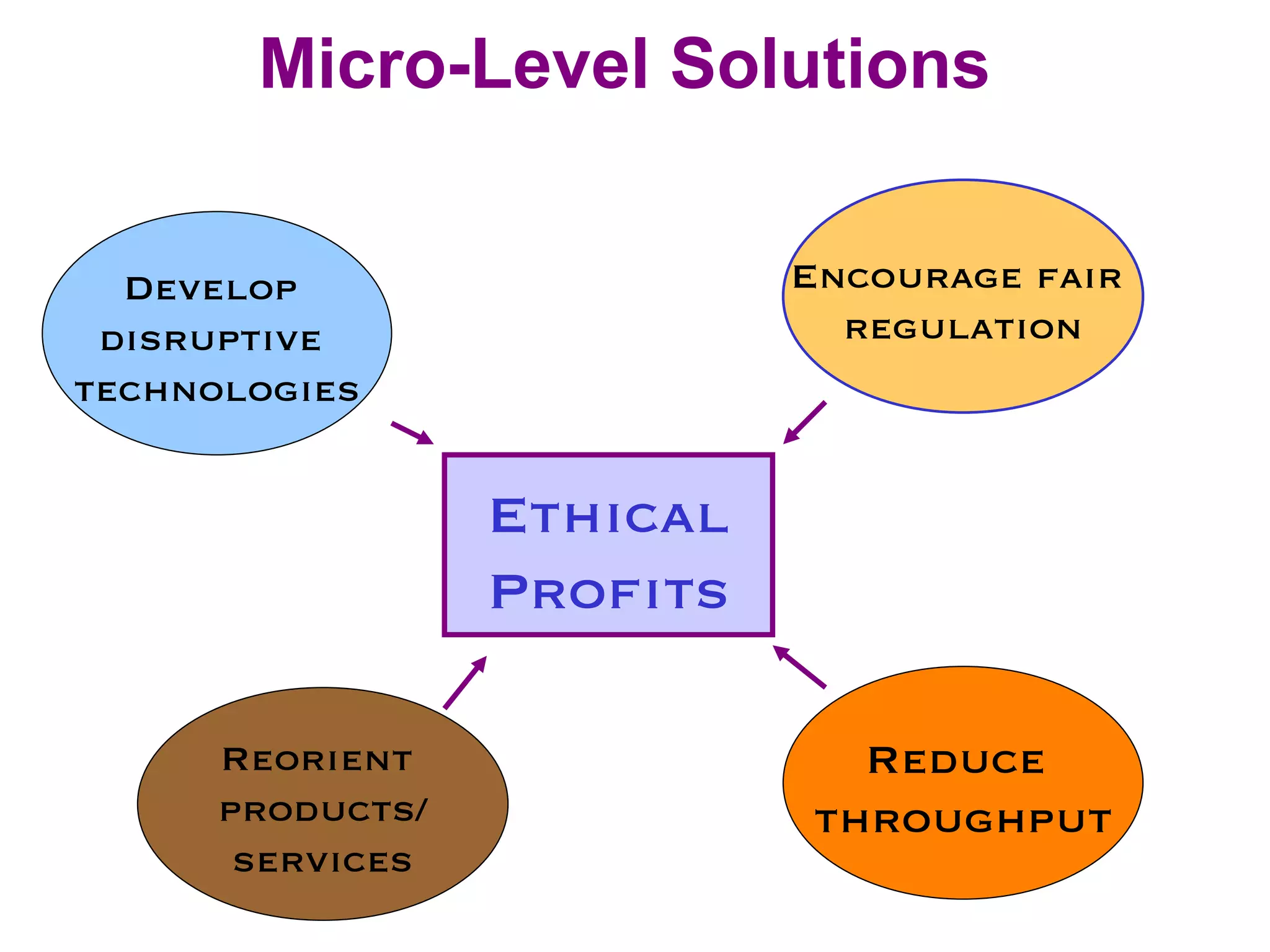 Micro-Level Solutions Ethical Profits Reduce  throughput Reorient  products/ services Encourage fair  regulation Develop  disruptive  technologies 