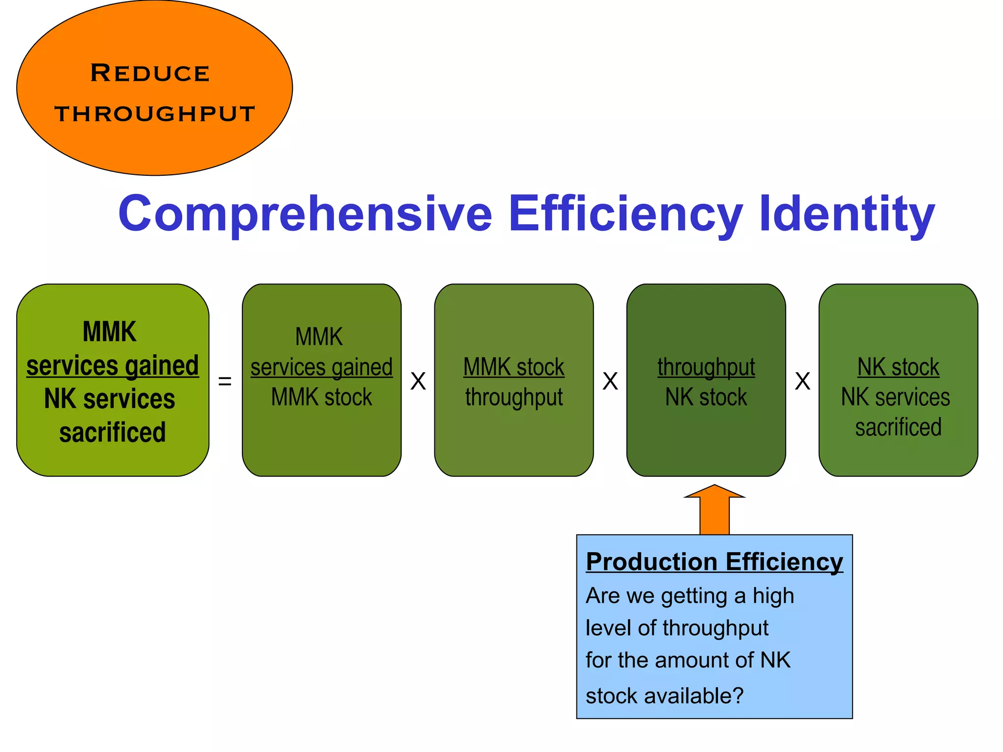 Comprehensive Efficiency Identity MMK  services gained MMK stock = MMK stock throughput throughput NK stock NK stock NK services  sacrificed X X X Production Efficiency Are we getting a high  level of throughput  for the amount of NK  stock available?   MMK  services gained NK services  sacrificed Reduce  throughput 