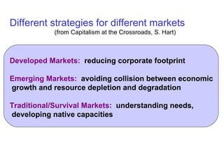 Different strategies for different markets (from Capitalism at the Crossroads, S. Hart) Developed Markets:   reducing corporate footprint Emerging Markets:   avoiding collision between economic  growth and resource depletion and degradation Traditional/Survival Markets:   understanding needs, developing native capacities 