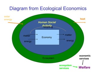 Diagram from Ecological Economics Ecosystem Economy matter energy matter energy recycling solar energy heat Welfare economic services ecosystem services Human Social Activity 