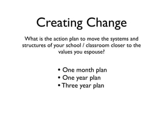 Creating Change
 What is the action plan to move the systems and
structures of your school / classroom closer to the
                values you espouse?


               • One month plan
               • One year plan
               • Three year plan
 