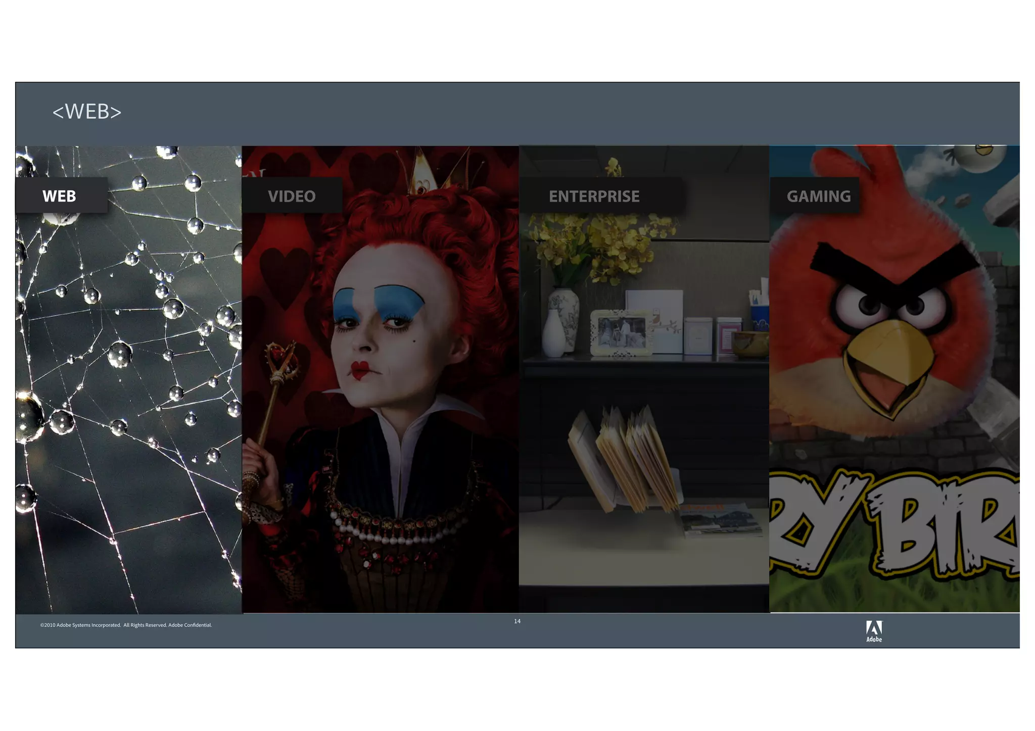 <WEB>


WEB                                                                          VIDEO        ENTERPRISE   GAMING




                                                                                     14
©2010 Adobe Systems Incorporated. All Rights Reserved. Adobe Confidential.
 