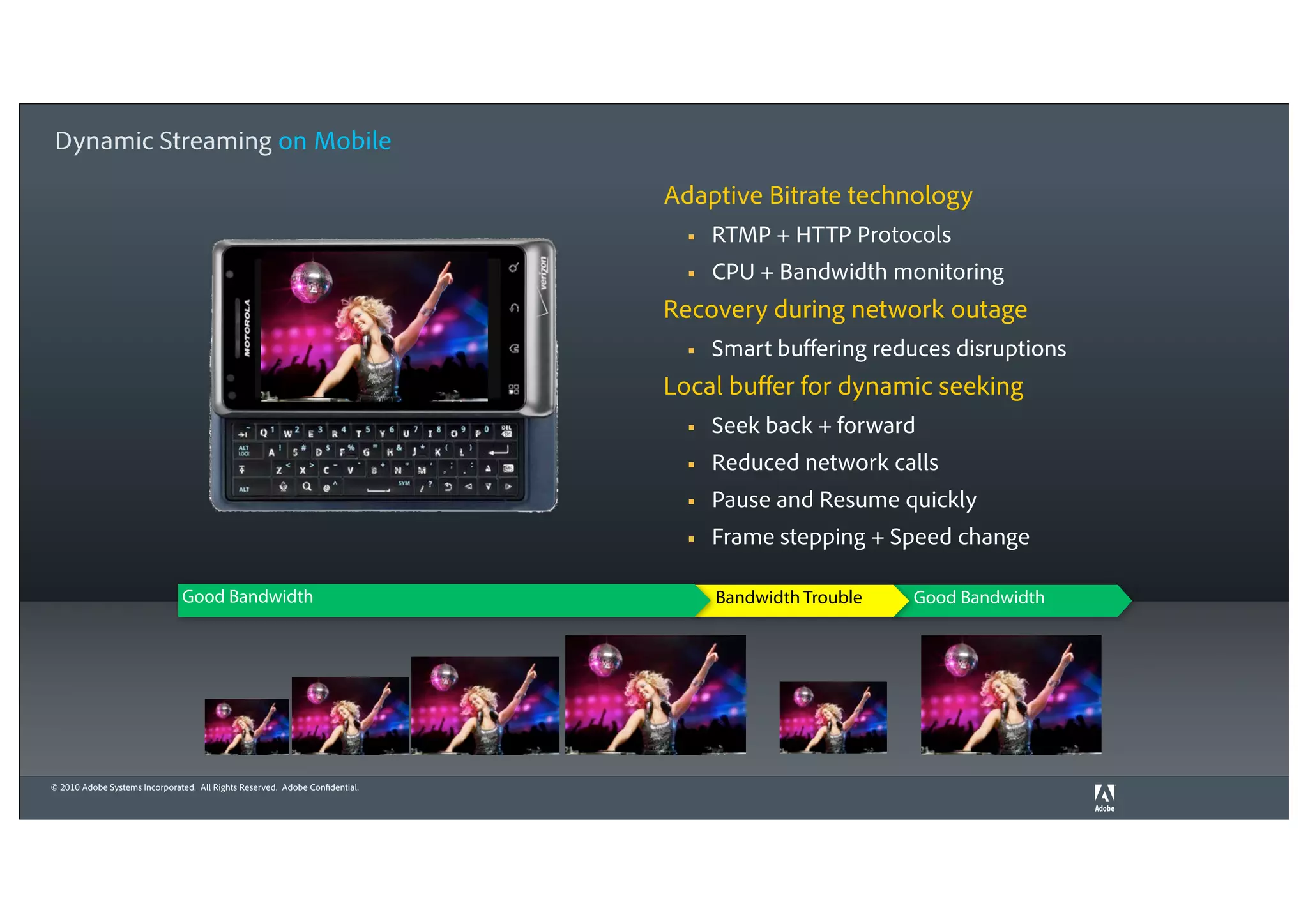 Dynamic Streaming on Mobile

                                                                              Adaptive Bitrate technology
                                                                                §   RTMP + HTTP Protocols
                                                                                §   CPU + Bandwidth monitoring
                                                                              Recovery during network outage
                                                                                §   Smart buﬀering reduces disruptions
                                                                              Local buﬀer for dynamic seeking
                                                                                §   Seek back + forward
                                                                                §   Reduced network calls
                                                                                §   Pause and Resume quickly
                                                                                §   Frame stepping + Speed change

                               Good Bandwidth                                        Bandwidth Trouble   Good Bandwidth




© 2010 Adobe Systems Incorporated. All Rights Reserved. Adobe Confidential.
 