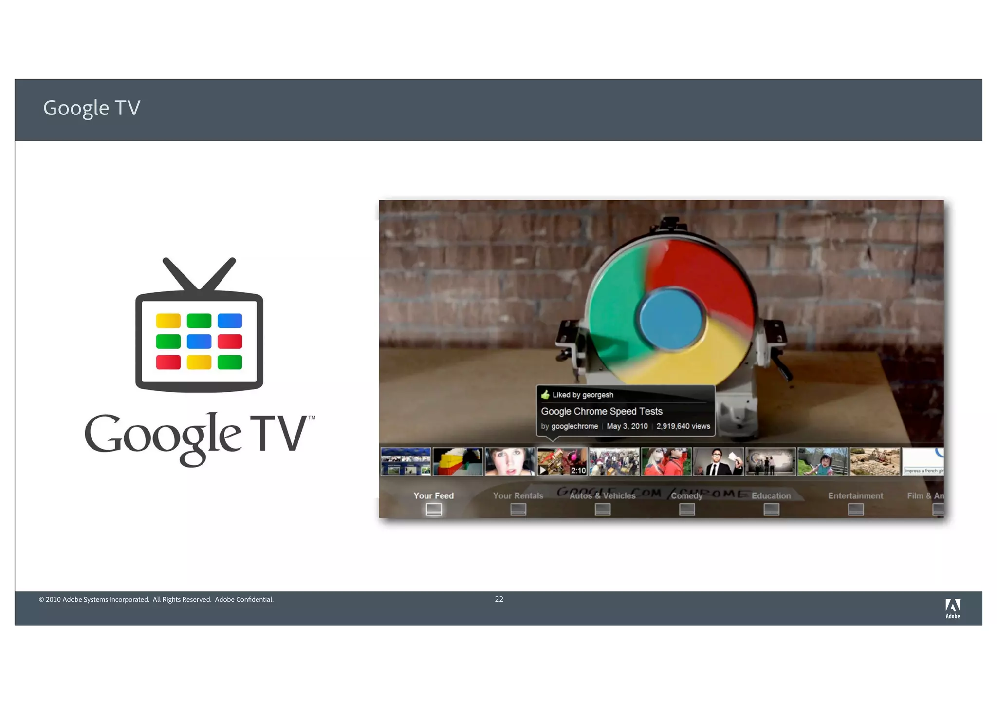 Google TV




© 2010 Adobe Systems Incorporated. All Rights Reserved. Adobe Confidential.   22
 