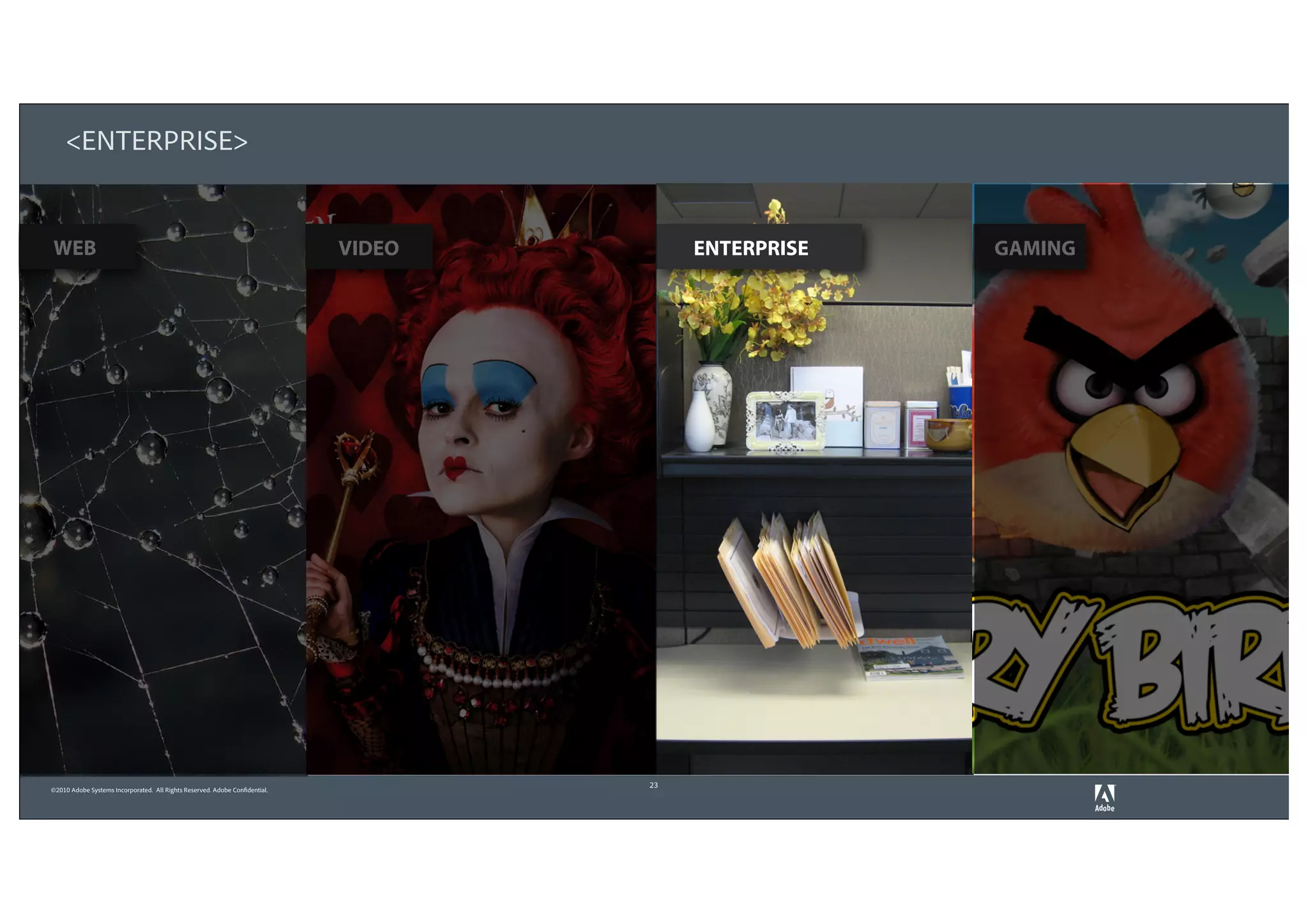 <ENTERPRISE>


WEB                                                                          VIDEO        ENTERPRISE   GAMING




                                                                                     23
©2010 Adobe Systems Incorporated. All Rights Reserved. Adobe Confidential.
 