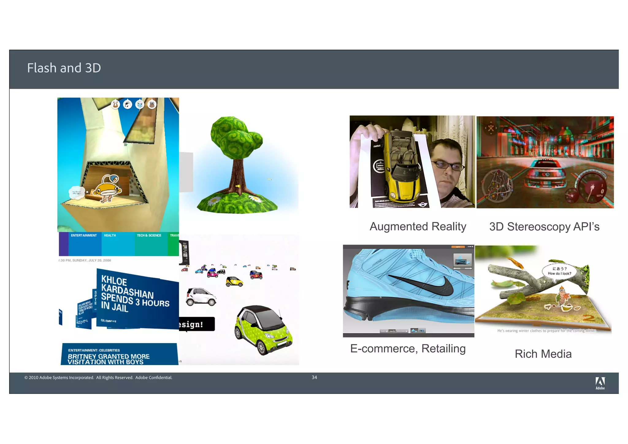 Flash and 3D




                                                                                      Augmented Reality    3D Stereoscopy API’s




                                                                                   E-commerce, Retailing       Rich Media
© 2010 Adobe Systems Incorporated. All Rights Reserved. Adobe Confidential.   34
 