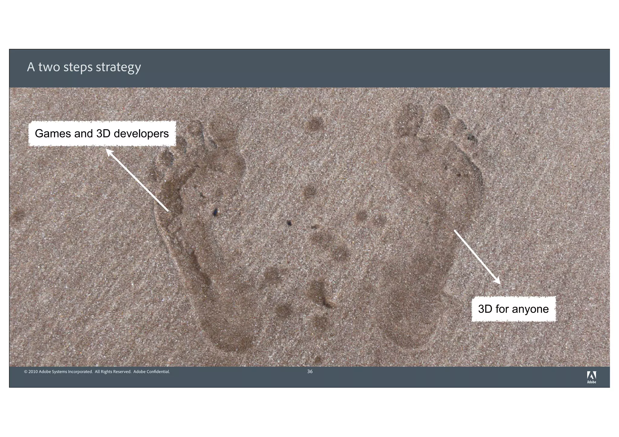 A two steps strategy



     Games and 3D developers




                                                                                   3D for anyone




© 2010 Adobe Systems Incorporated. All Rights Reserved. Adobe Confidential.   36
 