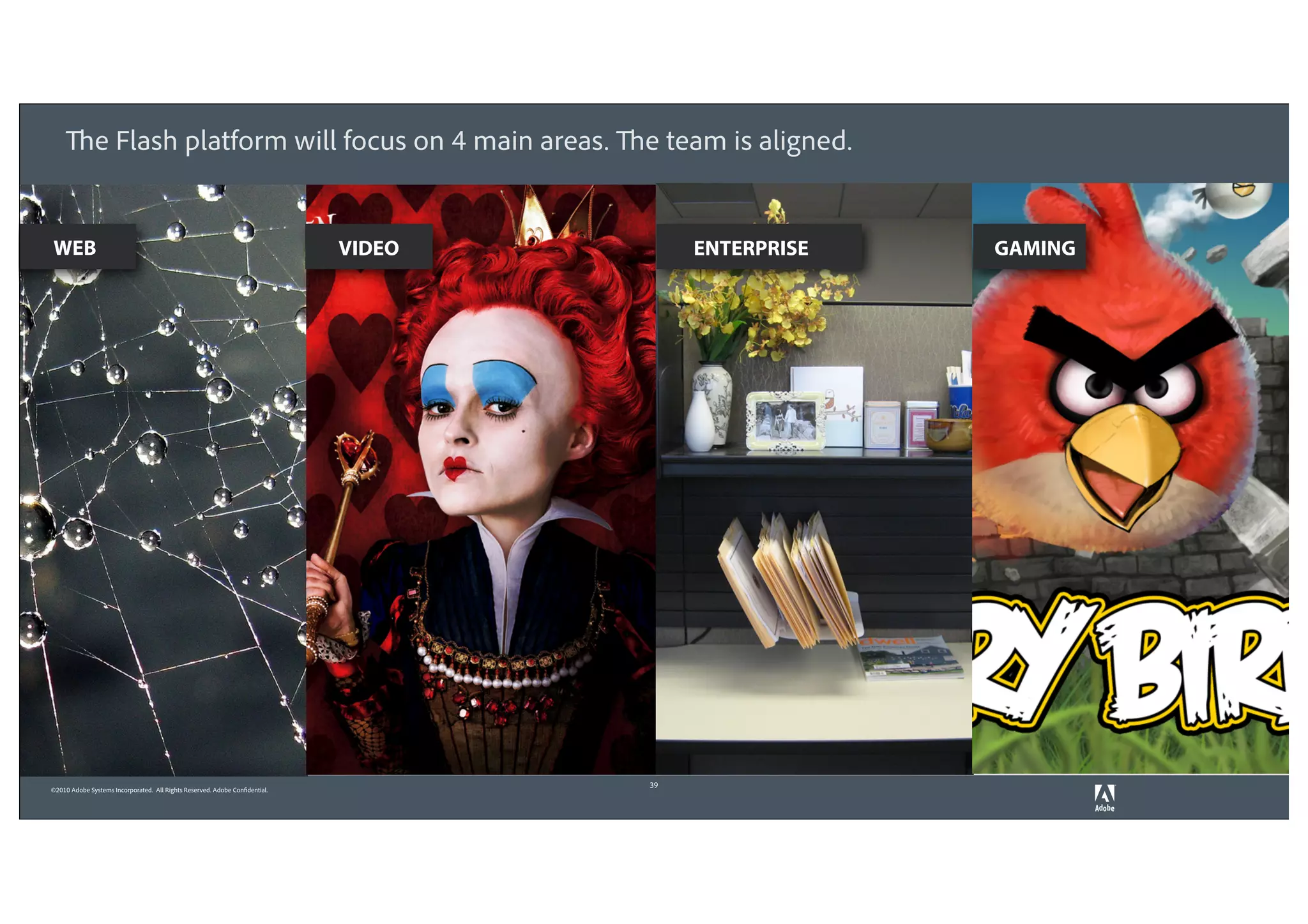 The Flash platform will focus on 4 main areas. The team is aligned.


WEB                                                                          VIDEO        ENTERPRISE   GAMING




                                                                                     39
©2010 Adobe Systems Incorporated. All Rights Reserved. Adobe Confidential.
 