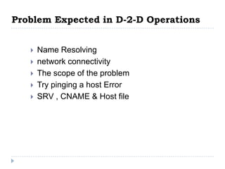 Problem Expected in D-2-D Operations


      Name Resolving
      network connectivity
      The scope of the problem
      Try pinging a host Error
      SRV , CNAME & Host file
 