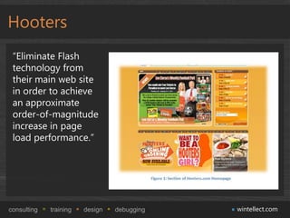 Hooters
 “Eliminate Flash
 technology from
 their main web site
 in order to achieve
 an approximate
 order-of-magnitude
 increase in page
 load performance.”




consulting   training   design   debugging   wintellect.com
 