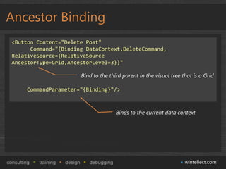 Ancestor Binding
  <Button Content="Delete Post"
        Command="{Binding DataContext.DeleteCommand,
  RelativeSource={RelativeSource
  AncestorType=Grid,AncestorLevel=3}}"

                                 Bind to the third parent in the visual tree that is a Grid

         CommandParameter="{Binding}"/>



                                                Binds to the current data context




consulting   training   design      debugging                                 wintellect.com
 