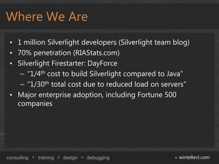 Where We Are
 • 1 million Silverlight developers (Silverlight team blog)
 • 70% penetration (RIAStats.com)
 • Silverlight Firestarter: DayForce
    – “1/4th cost to build Silverlight compared to Java”
    – “1/30th total cost due to reduced load on servers”
 • Major enterprise adoption, including Fortune 500
   companies




consulting   training   design   debugging             wintellect.com
 