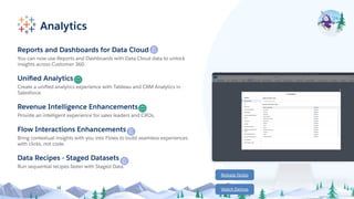 Analytics
Release Notes
Watch Demos
Reports and Dashboards for Data Cloud
You can now use Reports and Dashboards with Data Cloud data to unlock
insights across Customer 360.
Uniﬁed Analytics
Create a uniﬁed analytics experience with Tableau and CRM Analytics in
Salesforce.
Revenue Intelligence Enhancements
Provide an intelligent experience for sales leaders and CROs.
Flow Interactions Enhancements
Bring contextual insights with you into Flows to build seamless experiences
with clicks, not code.
Data Recipes - Staged Datasets
Run sequential recipes faster with Staged Data.
 