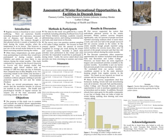 Assessment of Winter Recreational Opportunities &  Facilities in Decorah Iowa Flannery Cerbin, Taylor Hammrich, Kristen Johnson, Lindsay Menke  Luther College   Psychology of Health and Illness    ,[object Object],[object Object],[object Object],[object Object],[object Object],[object Object],[object Object],[object Object],[object Object],[object Object],[object Object],[object Object],[object Object],References Beighle, Aaron. “Seasonality in Children’s Pedometer-Measured   Physical Activity Levels.” Research Quarterly for Exercise and Sport. . FindArticles.com. 04 Dec. 2008.  Kolata, Gina. “Too Cold to Exercise?  Try Another Excuse.”  The New York Times   17 January 2008. Myers, PhD, Johnathan. &quot;Exercise and Cardiovascular Health.&quot;  American Heart  Association, Inc  e2 107 (2007).  Noakes, Timothy. (1991).  Lore of Running. Human Kinetics Publishers. Walter, Claire.  “Myths About cold-Weather Exercise Are, Well, Myths.”  Nordic  Walking USA  19 January 2008. Photos by: Flannery Cerbin  Acknowledgements We would like to thank those who helped us with our project: Dr. Loren Toussaint, Rick Edwards, Teresa Wiemerslage, Dave Harold, Ann  Mansfield, Decorah Bicycles &  Oneota River Cycles.  Figure 2.   Factors that prevent Luther College students from exercising regularly during the winter season. Measures Please circle the answer/s which best apply to you  How often do you exercise outdoors during the summer? 0 days per week  1-2 days per week  3-5 days per week  5-7 days per week  How often do you exercise indoors during the summer? 0 days per week  1-2 days per week  3-5 days per week  5-7 days per week  How often do you exercise outdoors during the winter? 0 days per week  1-2 days per week  3-5 days per week  5-7 days per week  How often do you exercise indoors during the winter? 0 days per week  1-2 days per week  3-5 days per week  5-7 days per week  Which of the following outdoor winter activities do you participate in? Hockey/ice skating Biking Sledding Snow shoeing Downhill skiing Running Cross country skiing Broom ball Walking Other _______________ Which of the following outdoor winter activities would you like to participate in? Same selection as previous question What prevents you from exercising regularly during the winter? Accessibility (can’t afford costs of exercise equipment)  Motivation (would rather be doing something else, don’t see the benefits, etc) Equipment (unfamiliar with how to use exercise equipment, no exercise equipment available, etc.) Time (can’t fit exercise into routine, scheduling conflicts with  the hours of public exercise facilities or sports leagues, etc) Lack of transportation Physical Disability Weather Conditions (extreme cold, ice, hail, wind, etc) Other________________ What prevents you from exercising regularly during the summer? Same selection as previous question  Figure 1 .  Percentage of Luther College students and frequency in which they exercise outdoor in the winter 
