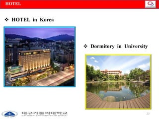 HOTEL 
□ ACCOMMODATION 
 HOTEL in Korea 
 Dormitory in University 
23 
 